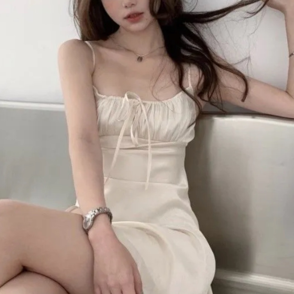Spaghetti Strap Tie Front Creamy White Dress